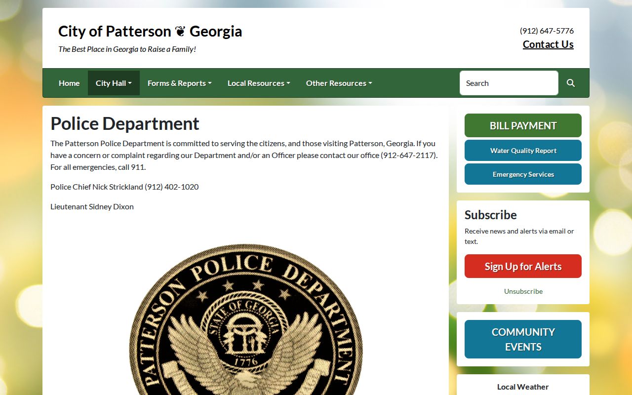 Official Patterson Police Department contact page for city warrant routing